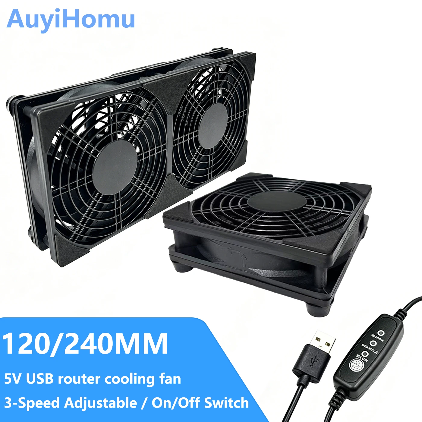 

Охлаждающая подставка AuyiHomu 120/240 мм с двумя вентиляторами, 3 скорости, питание от USB, бесшумный вентилятор для роутера/PS5/ПК/AV-оборудования