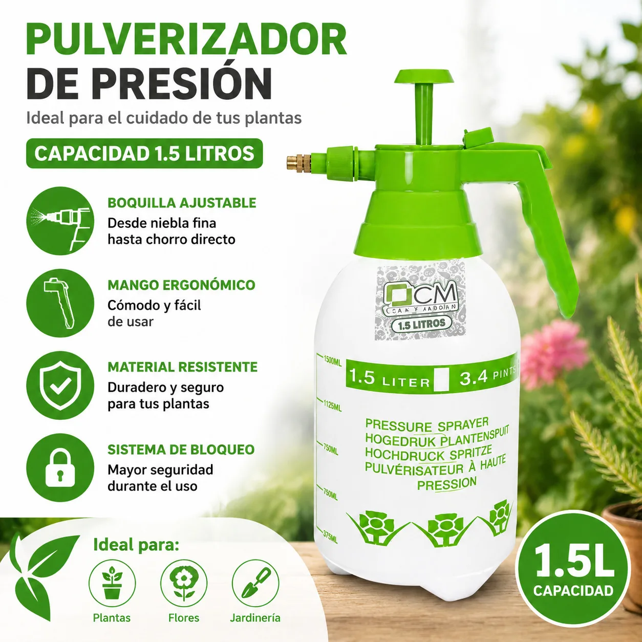 Pulvérisateur manuel à pression de 1,5 litre avec buse en laiton réglable, réservoir transparent avec échelle de mesure, poignée ergonomique et soupape de sécurité anti-fuite, pompe manuelle pour le jardin, les pots, le nettoyage de la maison et des véhicules, génère une brume fine ou