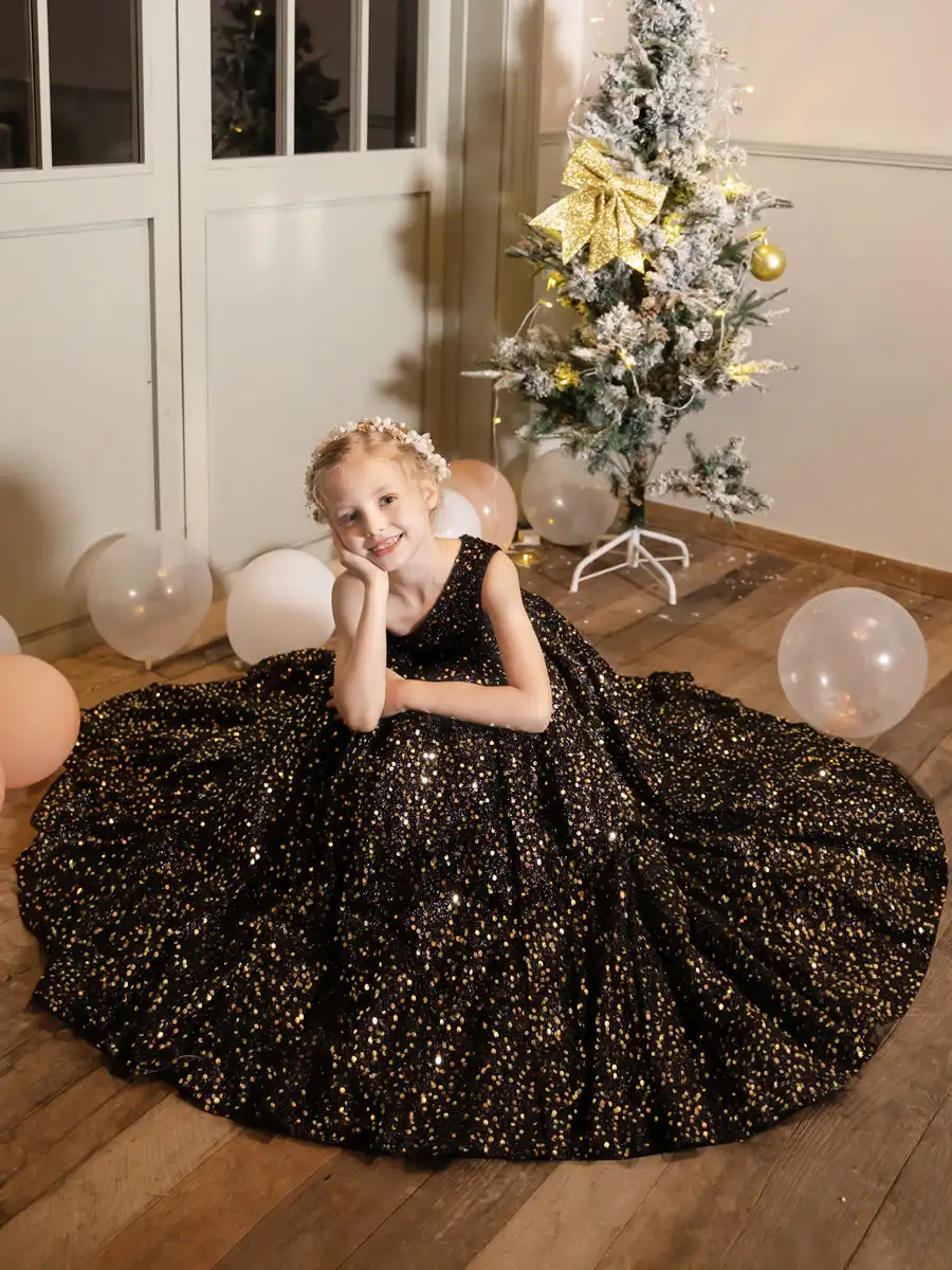 

Black One-Shoulder Flower Girl Dresses Velvet Sequins Sleeveless For Wedding And Birthday Party Dress