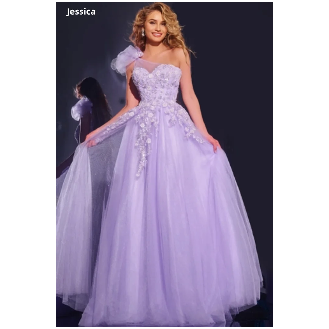 

Jessica Sweet Lavender Purple Evening Dresses One shoulder Tulle Lace Embroidery Prom Dresses Wedding Party Dresses Customized