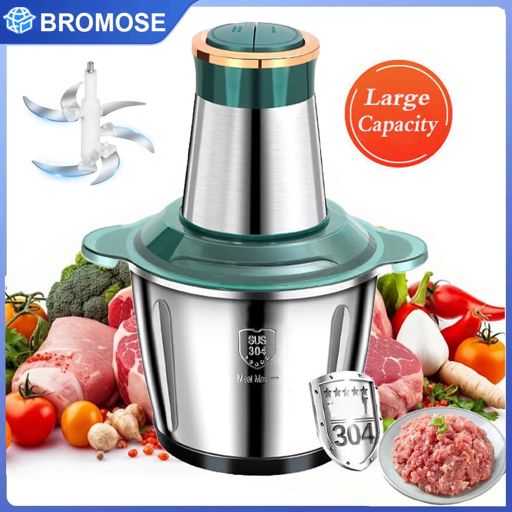 Bromose automatischer Fleischwolf aus Edelstahl mit großer Kapazität, 2 l, Heimmixer, Multifunktions-Kochmaschine, 2 Geschwindigkeitseinstellung