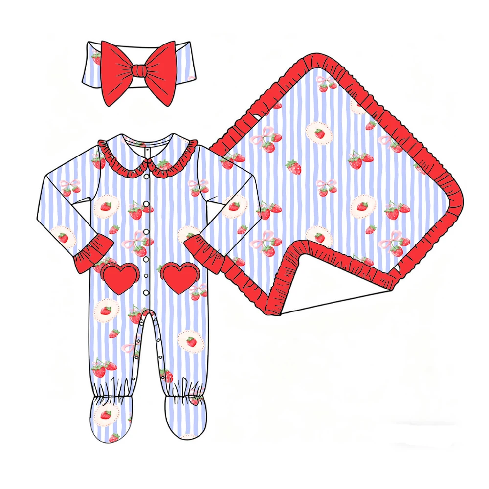 Boutique Children's Clothing Baby Clothing Floral Bow Print Long-Sleeved Lace Jumpsuit Lace Blanket Bow for Girls 3-Piece Set