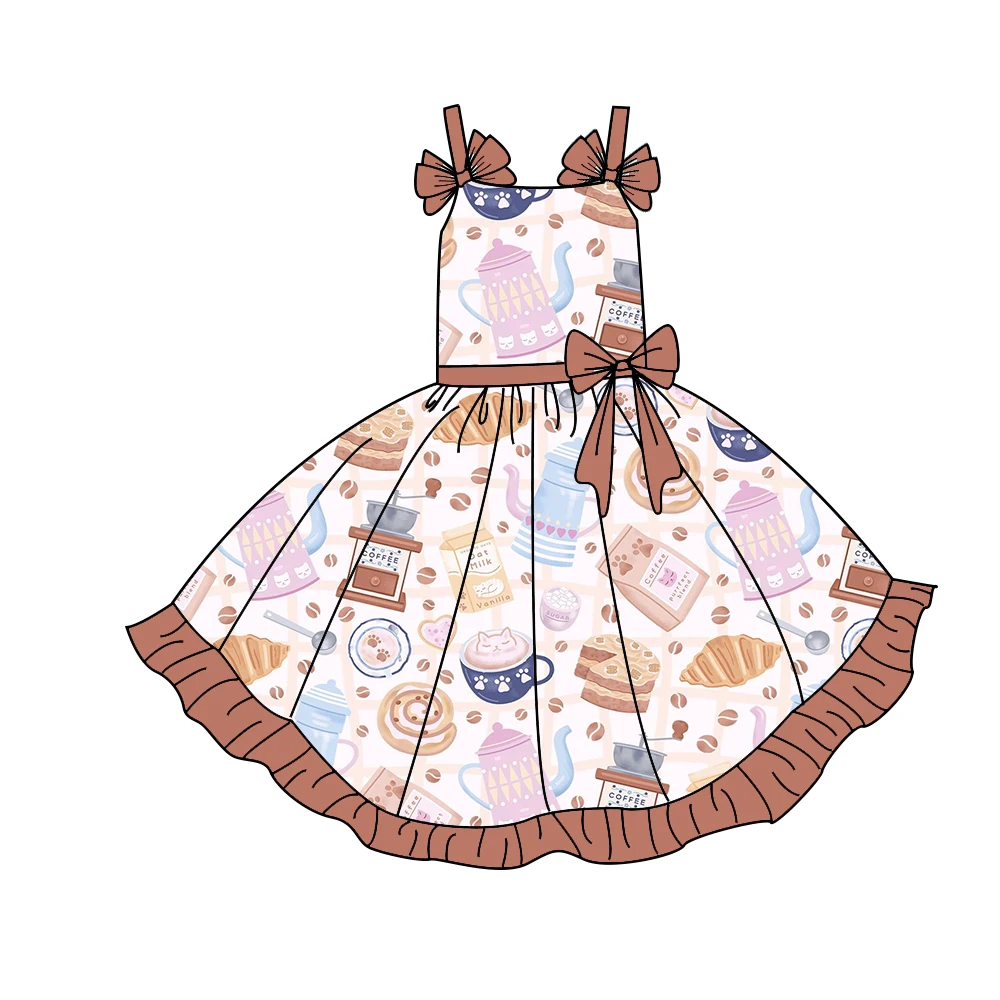Boutique Girls' dress Strappy Sundress featuring Ruffles Bow Accents and Cake & Sweets Print Casual Everyday Wear Toddlers