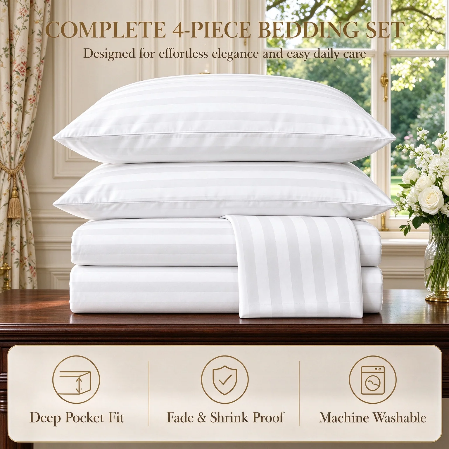 4-Piece White Striped Home Textile Bundle, Premium Hospitality Inspired Finish, Deep Pocket Construction, Anti-Wrinkle & Color Retaining, Year-Round Comfort, Multi Sizes Twin Full Queen King