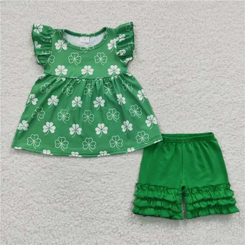 

Western Fashion Baby Girls Boys St. Patrick's Day Green Flying Sleeve Lace Shorts Set Wholesale Boutique Children Clothing