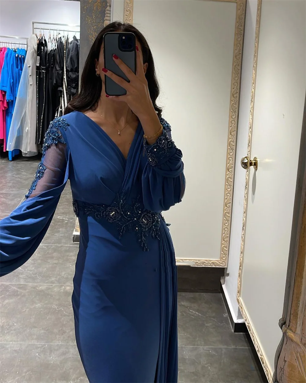 Vestido de noche de gasa de seda con manga hinchada para mujer, vestido Sexy de sirena para baile de graduación, azul, Formal