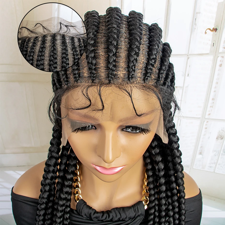 Braid Full Lace Wig para mulheres negras, 36 ", tranças Glueless Box, peruca trançada sintética