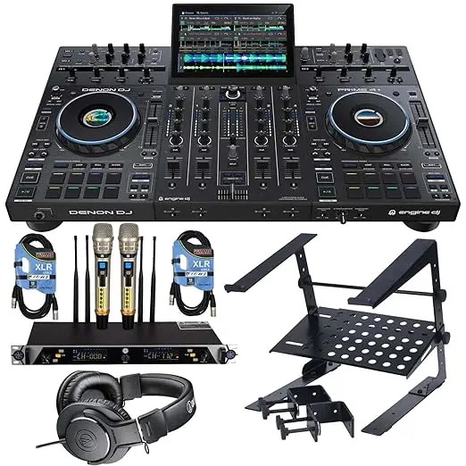 (New Discount)Denon DJ Prime 4+ Standalone 4-Deck DJ Controller,Dual Wireless Mic, at ATH-M20X, (2) XLR Cables,