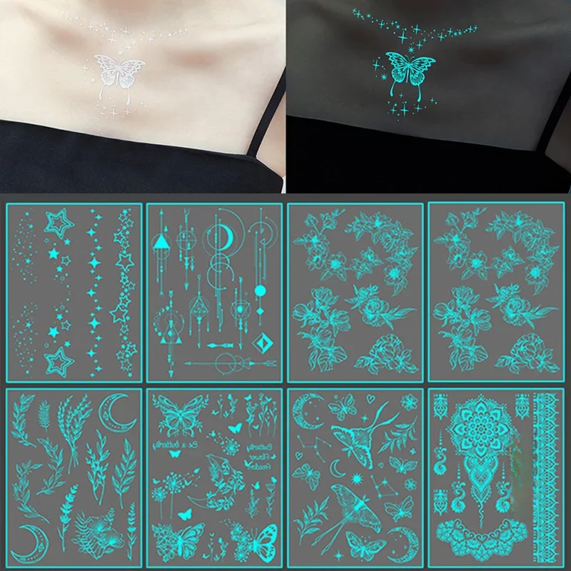 Blue Luminous Glow Tattoo Sticker Waterproof Temporary Finger Wrist Body Art False Butterfly Tattoo for Music Festival Party