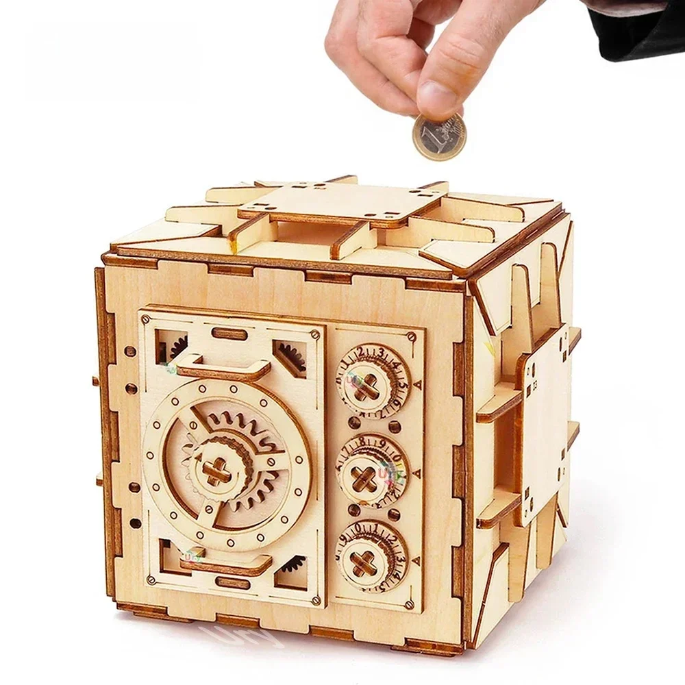 URY 3D Holzpuzzle Passwort Schatz Spardose Sparschwein DIY Erweiterte Montage Modell Spielzeug Kreatives Geschenk für Damen Mädchen
