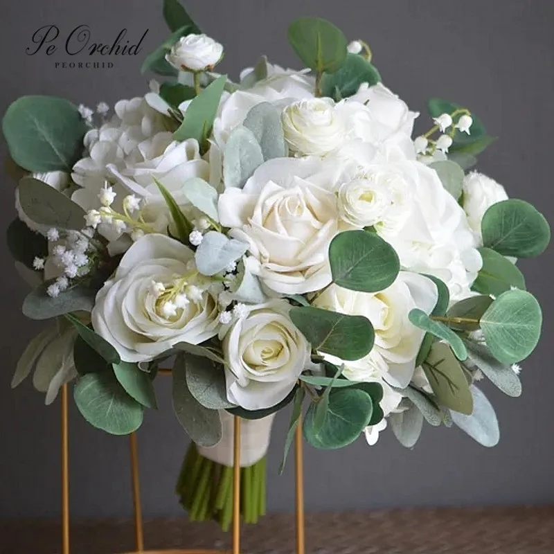 Bouquet de mariage vert blanc romantique, Bouquet de Roses et d'eucalyptus artificiels, pour la plage, printemps et hiver