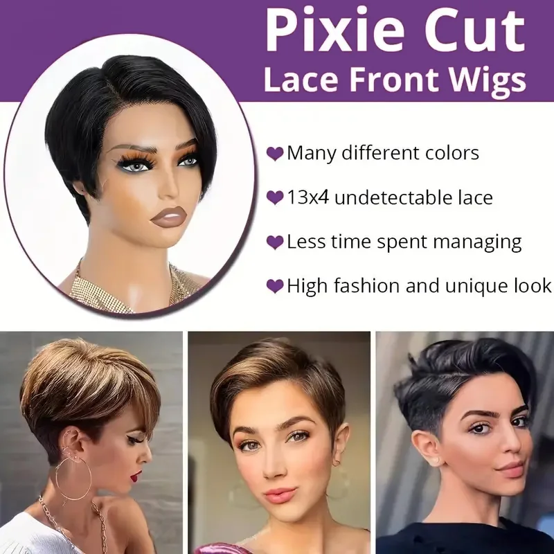 Short Pixie Cut Bob Wigs Lace Front Human Hair Wigs Natural Black Color Wigs Brazilian Straight Remy 100% Human Hair wig