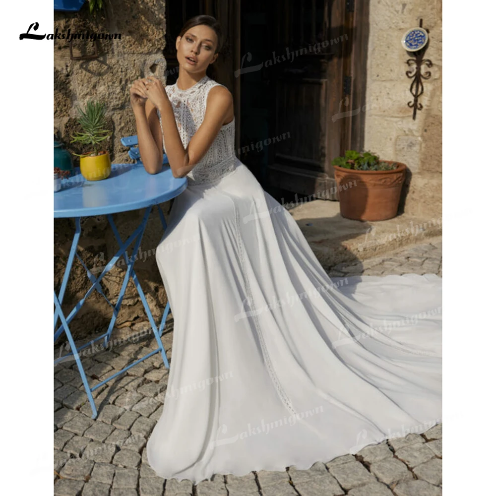 Boho High Neck Chiffon A Line Wedding Dresses 2024 Open Back Lace Top Long Women Wedding Gowns vestidos de novia Bride Dress