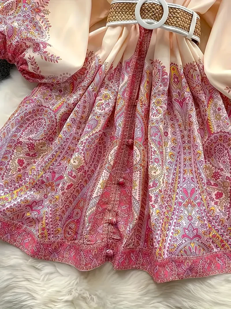 Boho Women's Dress - Vintage V-Neck Ruffled Floral Print Dress with Belt, Lantern Sleeves Button Down Casual Short Summer Dress