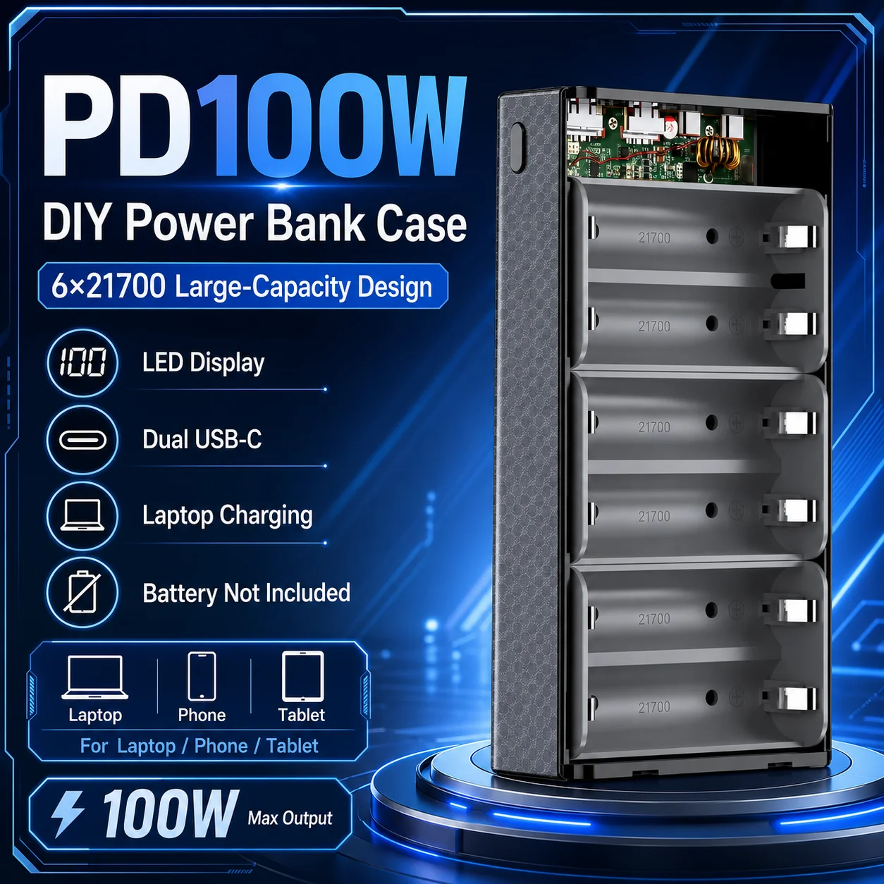 PD100W 6×21700 DIY Power Bank Case High Capacity Fast Charging Battery Shell for Laptop Outdoor Use, No Battery