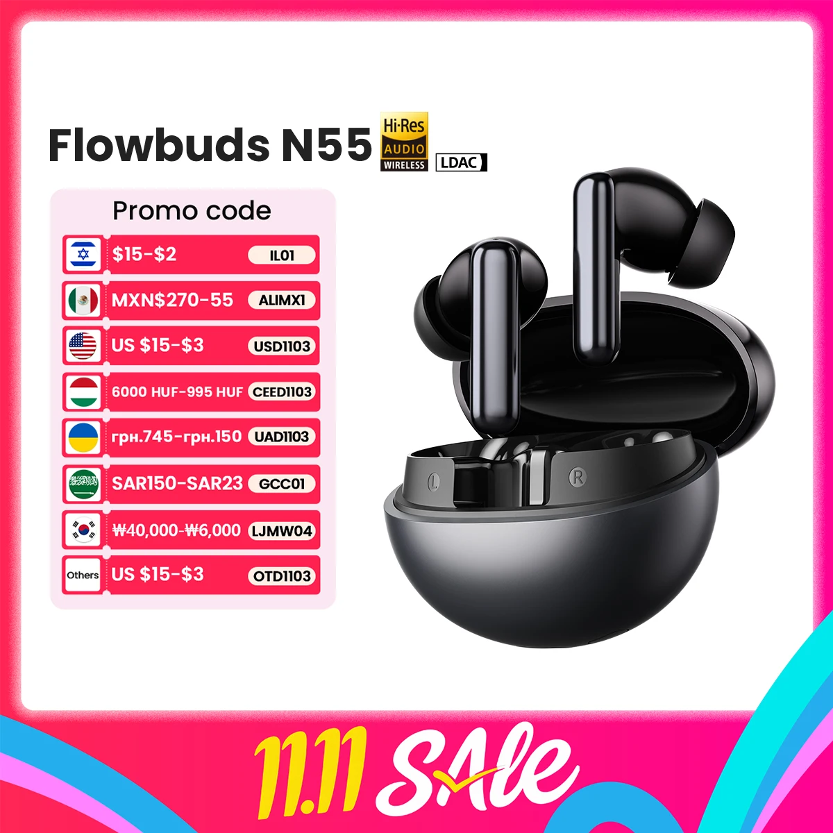 HAYLOU Flowbuds N55 무선 이어버드 54dB 적응형 ANC 블루투스 6.0 LDAC 고해상도 오디오 6-마이크 ...