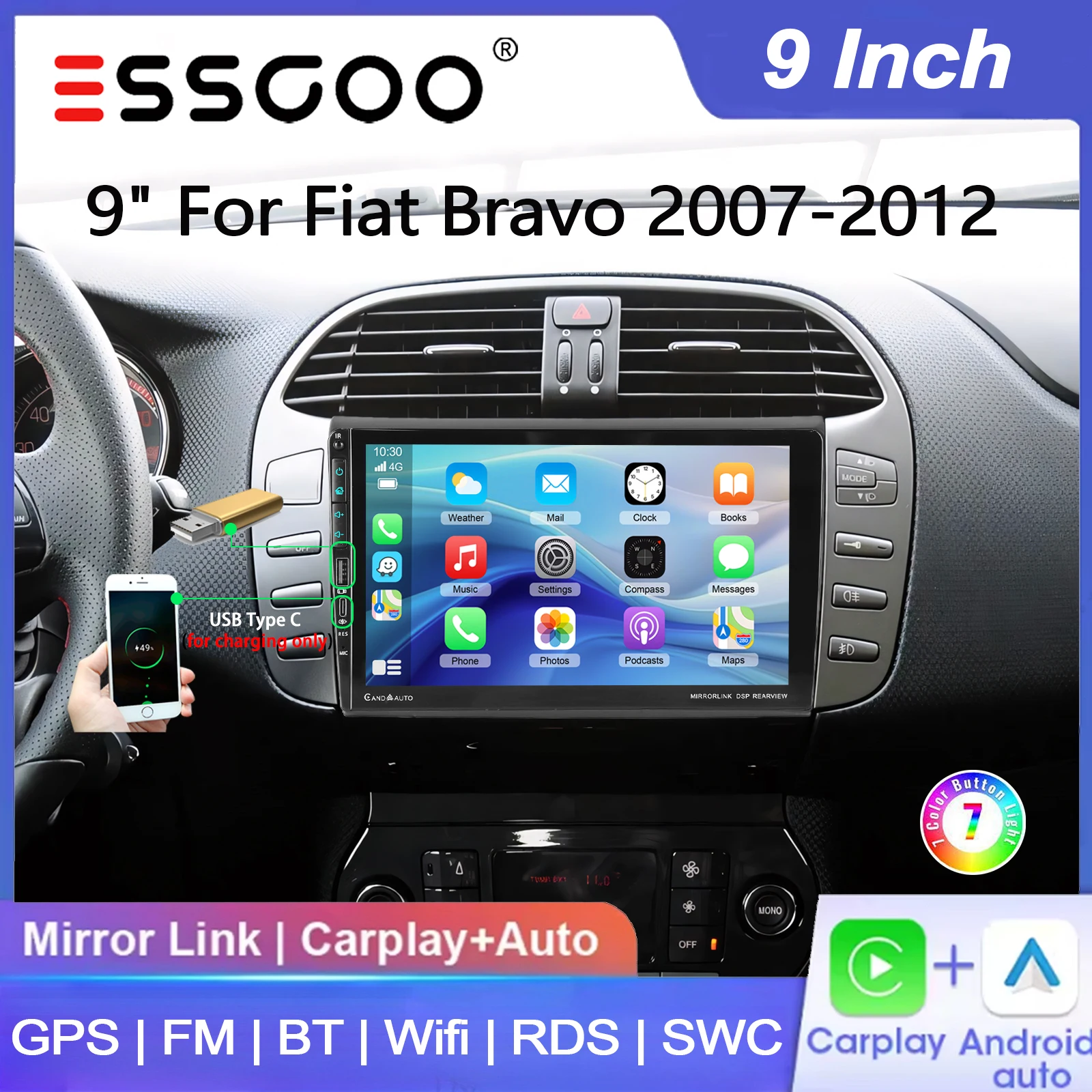 ESSGOO 9" 4+64G Android 15 per Fiat Bravo 2007-2012, autoradio con Carplay wireless, Android Auto, navigazione GPS, radio, USB, Type-C, FM, Bluetooth, WiFi, RDS, ASP, Mirror Link, SWC, schermo