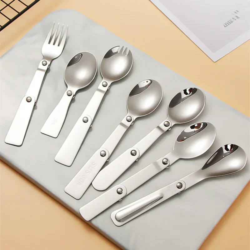 Cuillère pliante en acier inoxydable, fourchette de pique-nique de Camping en plein air, cuillère multifonctionnelle, Mini fourchette Portable, outils d'équipement de Camping