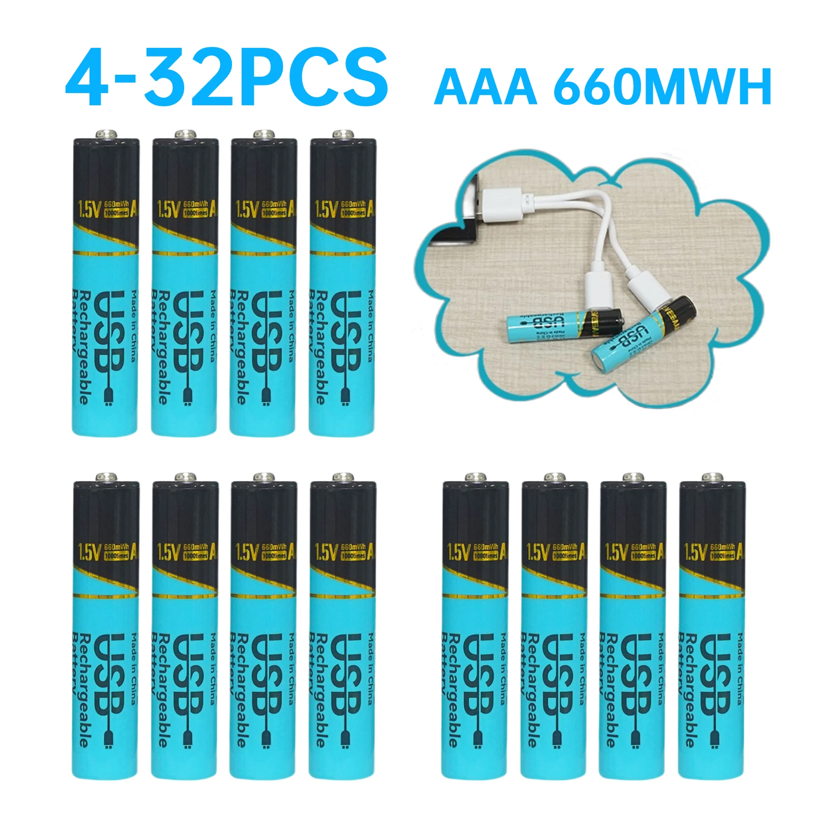 Skywolfeye 4-32pcs AAA 1.5V 660mWh USB Rechargeable Lithium Batteries for Led Flashlight Remote Controls