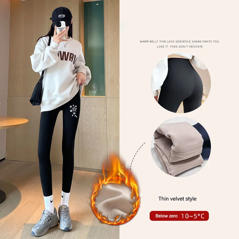 Autumn Winter High Waist Shark Leggings Ladies Seamless Fleece Warm Leggings Slim Thin Casual Sport Fitness Leggings