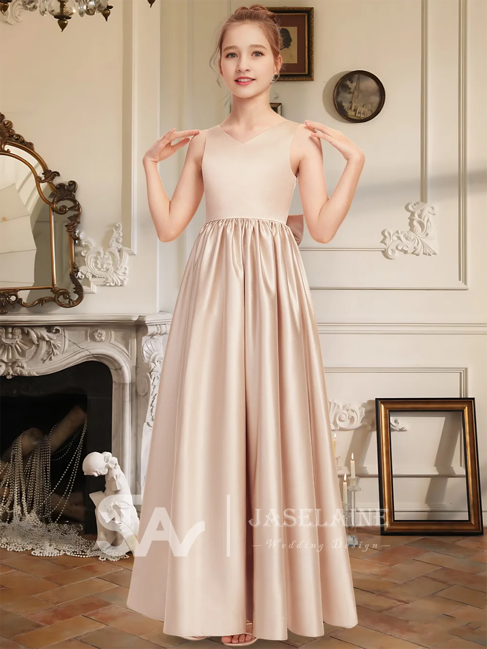 Elegante abito da damigella d'onore junior in raso con scollo a V e lunghezza al pavimento con fiocco Abito da ragazza di fiori per ragazze Festa di nozze formale