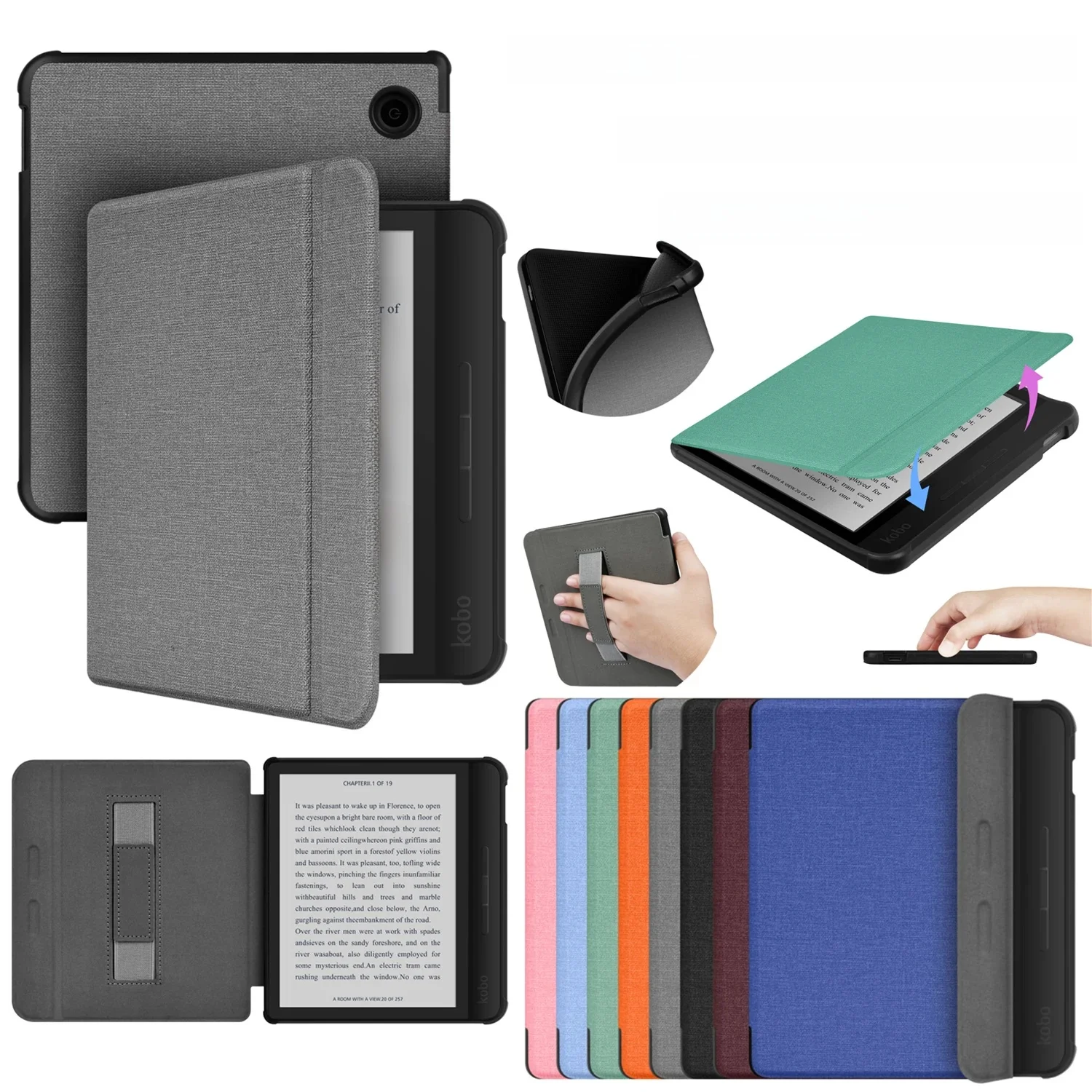 Dla Kobo Libra Color 2024 Etui Libra 2 2021 Pokrowiec z paskiem na rękę 7-calowy Ebook N428 N418 Sleep Wake Capa Funda Hoesje — zdjęcie produktu 7