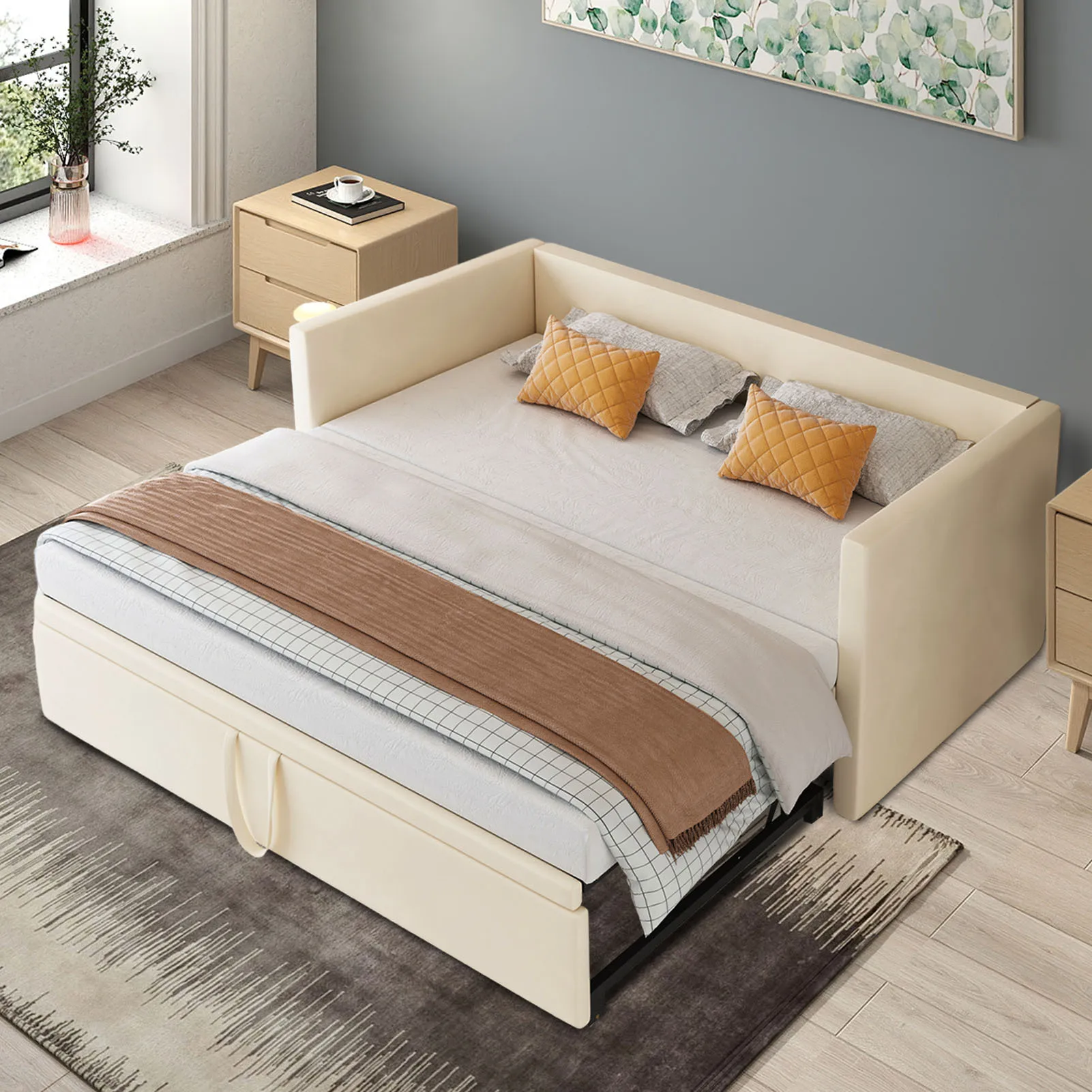 Superaly Sofá cama tapizado retráctil de 90/180X200 cm, cama doble, sofá de doble propósito para sentarse y acostarse, terciopelo beige, para sala de estar y dormitorio