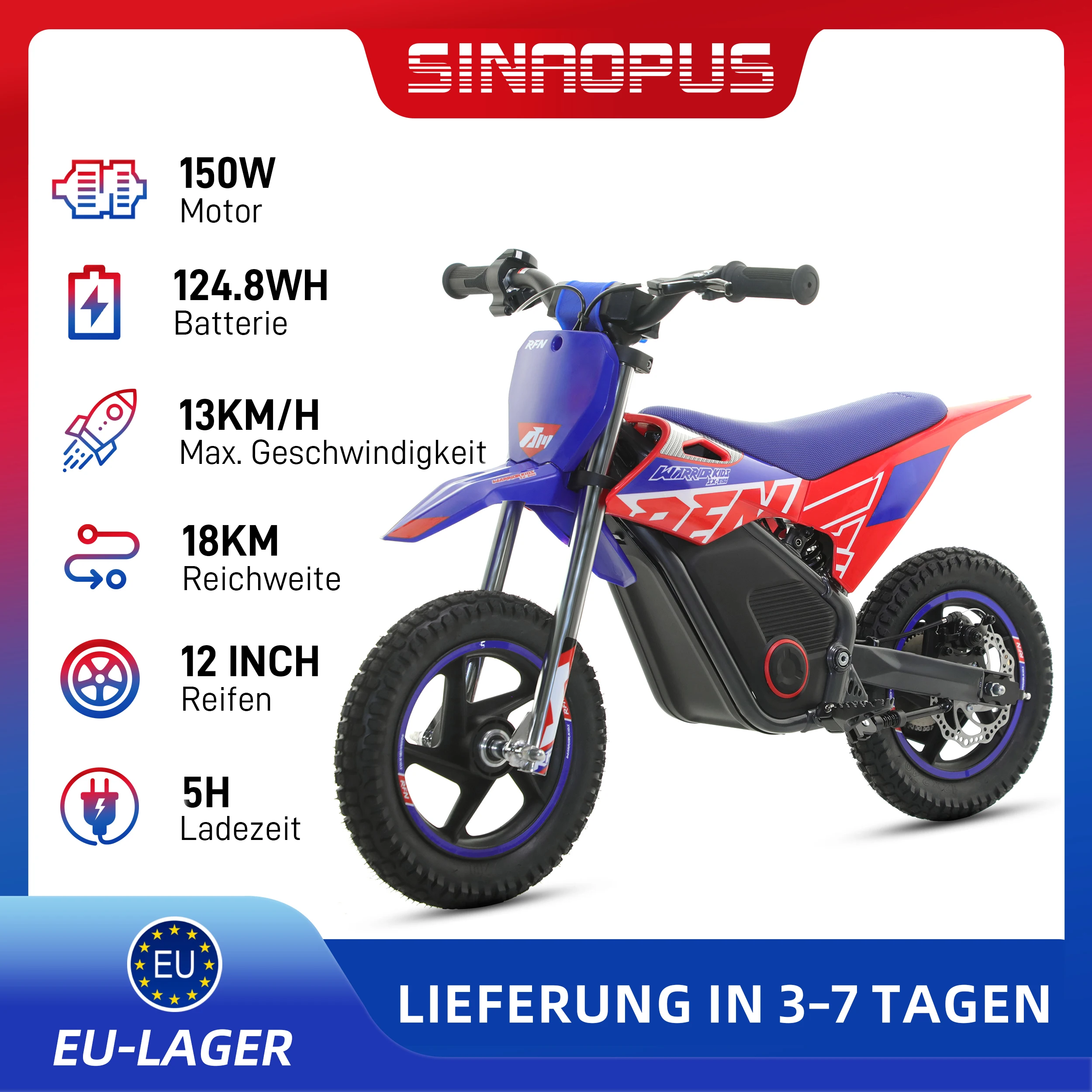 Kinder-Elektromotorrad 150W Dirt Bike 124,8WH Rennmotorrad 13km/h Offroad-Allterrain-Bike für Outdoor-Fahrten Kinder 12-Zoll