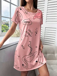 Plus size Casual Flamingo and Letter Printed Pajamas Short Sleeve Round Neck Dress Pajamas Women's Home Pajamas Student Dresses