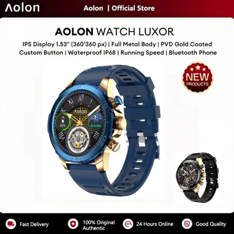 Aolon Luxor Classic Smart Watch 1.53" IPS Screen Full Metal PVD 18K Gold Plated Digital Crown IP68 Waterproof Sports Smart watch