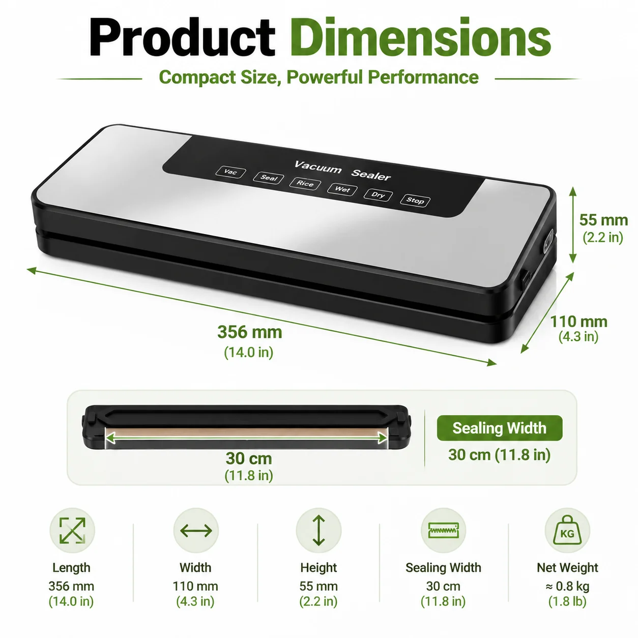 Food Vacuum Sealer Machine - 自動真空シーラー、ウェット・ドライ両対応の5-in-1フードシーラー、シーリング幅30cm、外部真空機能搭載、ワンタッチ操作で家庭用キッチンでの食品保存に最適。