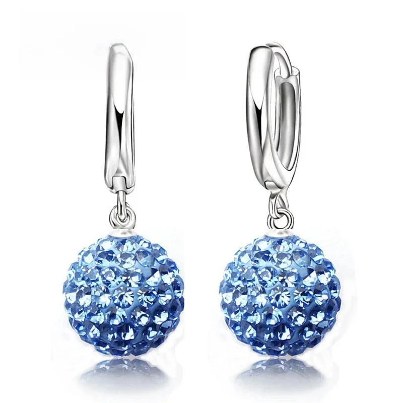 Gorąca sprzedaż wiele kolorów 1 para prawdziwa czysta 925 Sterling Silver austriacka Pave kula dyskotekowa Hoop dźwignia kolczyk zapinany z tyłu kobieta biżuteria — zdjęcie 2