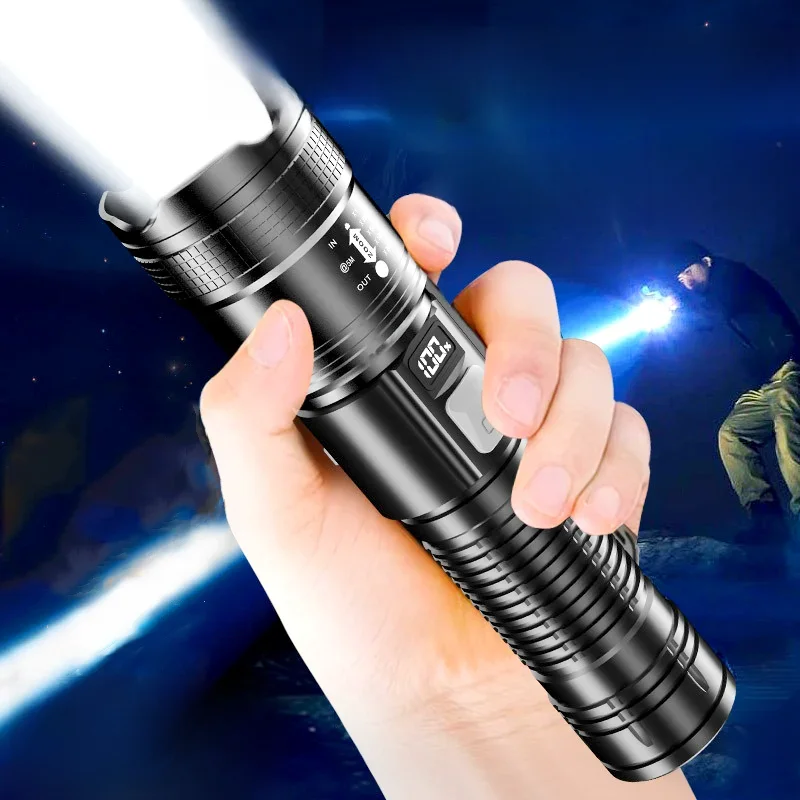 2000000 Lampe de poche Ultra-haute puissance LM, affichage électronique numérique, torche étanche, Zoom, lumière manuelle, lanterne de Camping en plein air