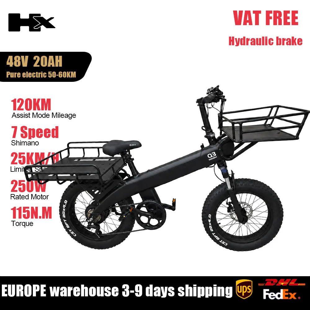 HX Q3 elektrische fiets voor volwassenen, 250W, 48V, 20Ah, 960Wh, uitneembare accu, 20×4.0 dikke banden, 115Nm hydraulische schijfremmen, 7-versnellings achterdrager, 300kg max. laadvermogen,