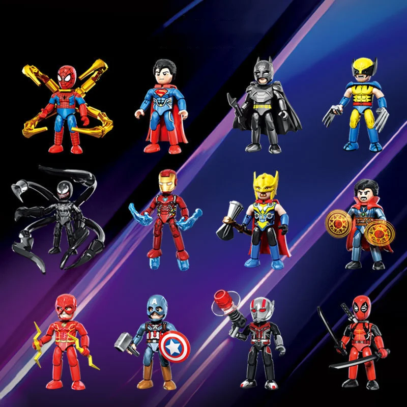 12pcs Marvel Wangao Avengers Blind Box Iron Man Spider-Man Wolverine Action Doll Model Building Blocks Assembly Toy Kids Gifts