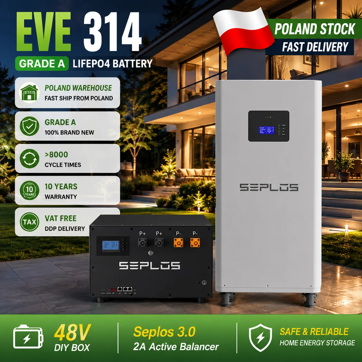 EU Stock Lifepo4 Battery EVE314 MB31 Grade A 8000 Cycles Seplos 3.0 Kit 2A Active Balancer CAN RS485 DIY Home Solar Storage