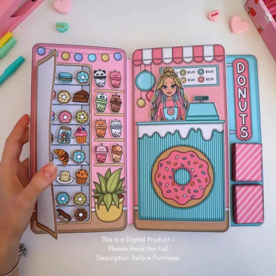 Kit de jeu d'imitation pour boutique de donuts, livre d'autocollants maison de poupée en papier DIY, ensemble de loisirs créatifs pour enfants, jouet fait main à découper et à construire