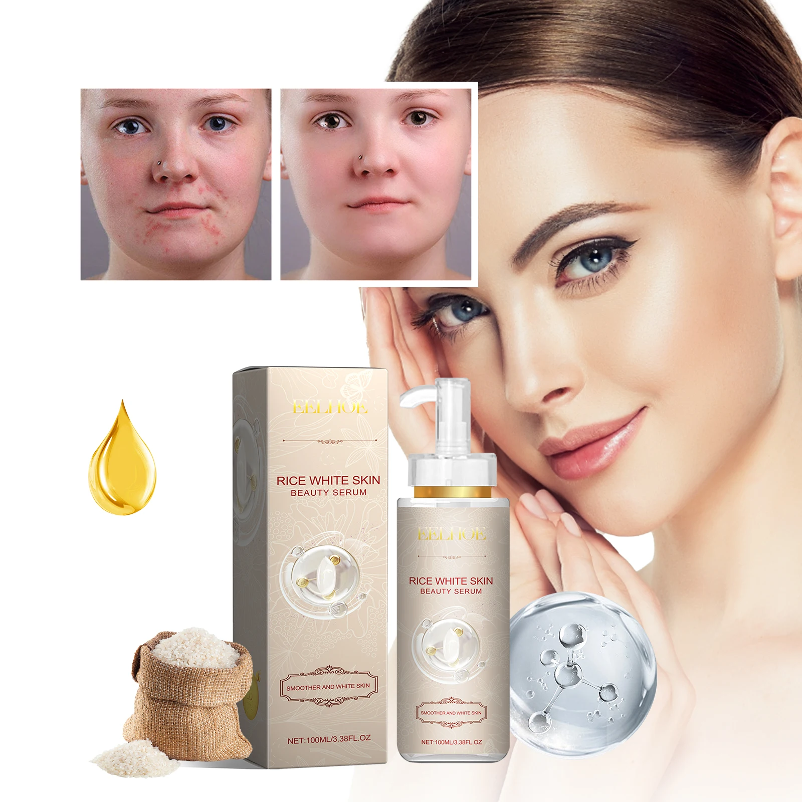 Eelhoe 100ml Rice Repair Essence Collagen Moisturize Skin Even Skin Tone Facial Whitening Firming Gentle Brightening Face Serum
