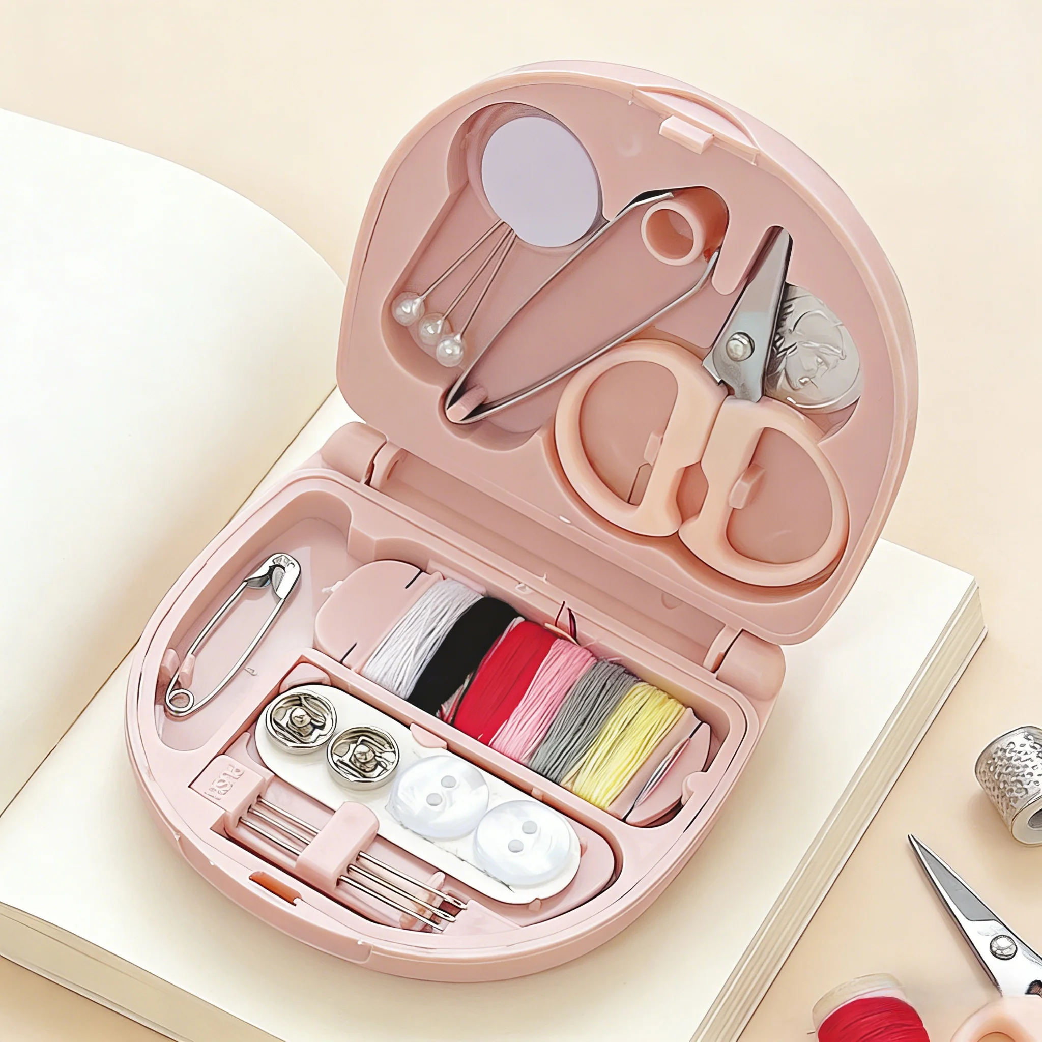 

Portable Pink Sewing Kit with Mirror – Compact Round Case, Complete Tools, Scissors, Threads, Needles, Buttons, Thimble, Needle
