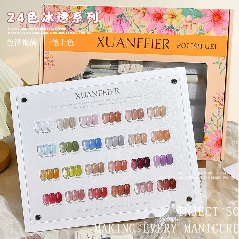 XUANFEIER High quality 24 colors Transparent color Nail gel Nail art kit 2024 New Fashion Hot sale Non-Eoxic Uv gel Nail salon