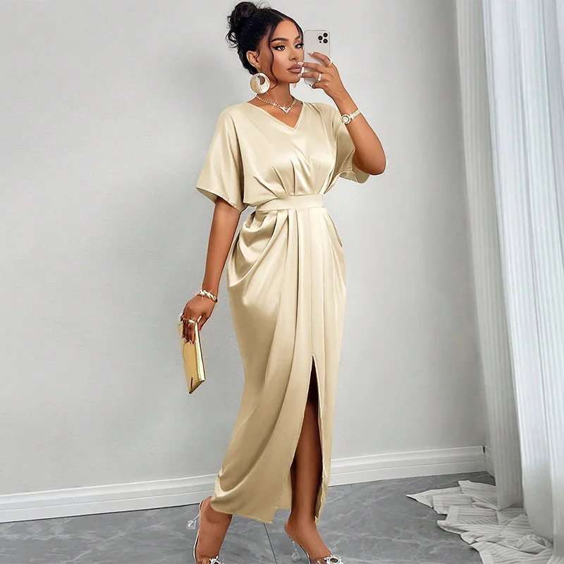 Summer Women's Dress Solid Satin Sexy Long Dress V-neck Short Sleeve Slim Dress Casual Party Dress Vestidos One Step Split Dress