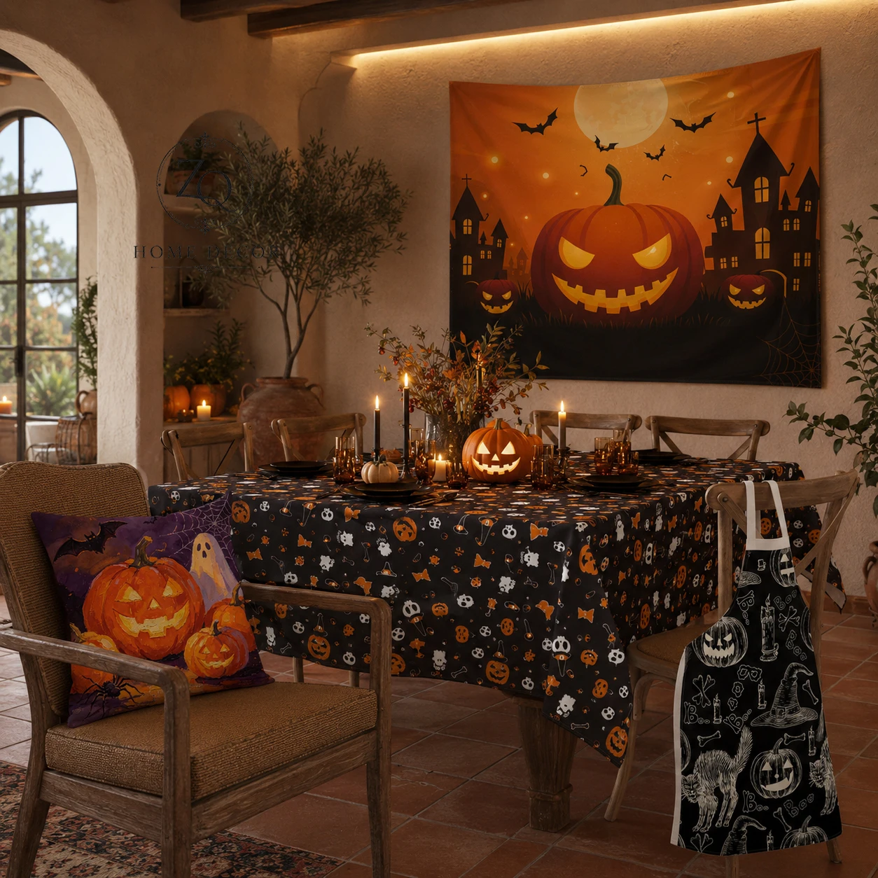 

Classic Halloween Home Decor, Giant Pumpkin Tapestry, Black Ghost Tablecloth, Cushion Cover, Fun Apron