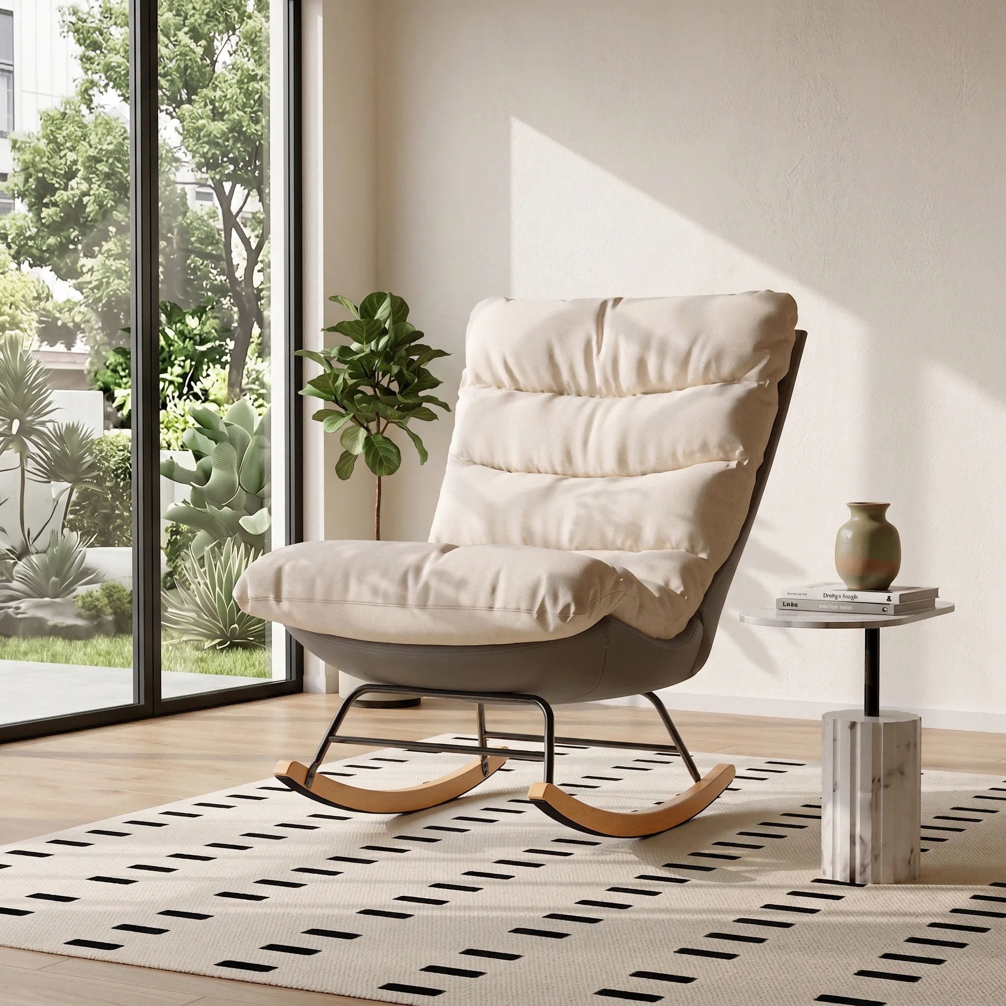 Chaise à Bascule, Fauteuil inclinable, Fauteuil de Salon, Fauteuil de détente pour Chambre, Chaise de Lecture et d'Allaitement Rembourrée, Lin et Tissu Technique,Antidérapants pour Salon, Chambre, Balcon (Beige+Gris)