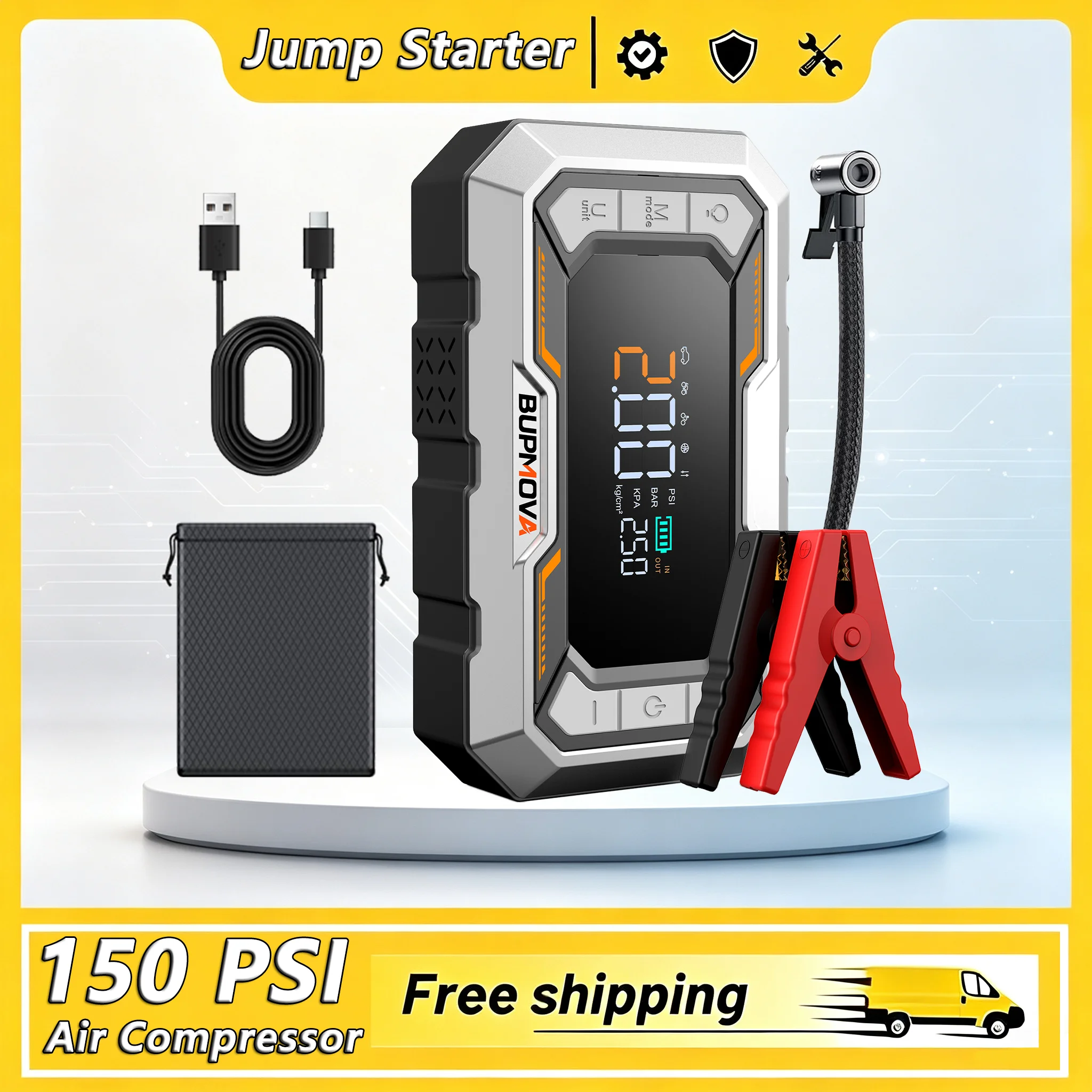 1000A Auto-Starthilfe-Powerbank, tragbare 150PSI-Luftpumpe, Notfall-Batterie-Booster, Startgerät, Auto-Starter