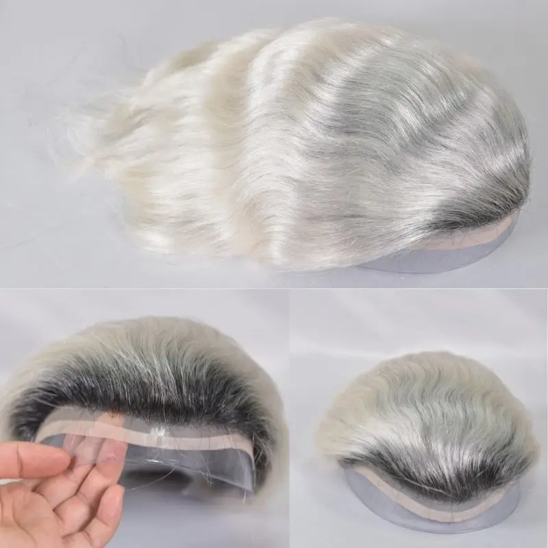 Silvery Hair Wig Lace Toupee With Skin T1B-60 Color Men Toupee Fashion Hair Toupee 100% Real Human Hair Male Hair Prosthesis