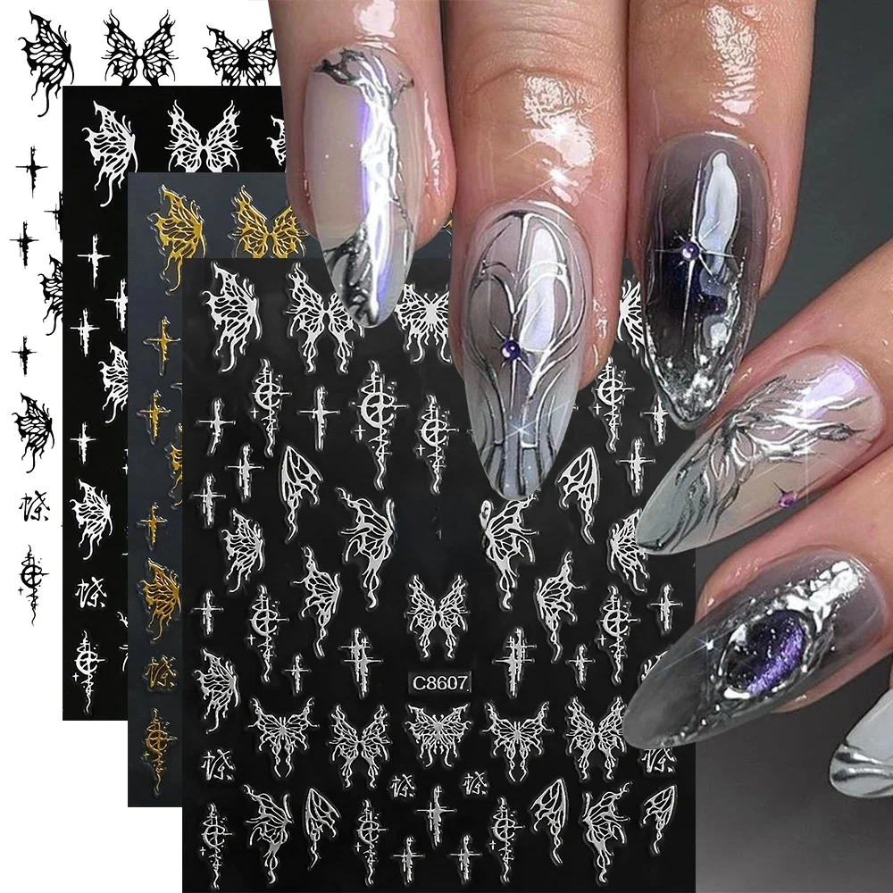 Autocollants adhésifs pour ongles pour femmes, décalcomanies 3D, conception de coeur, étoile, lune, papillon chromé argenté, décorations d'art d'ongle, curseurs, 4 pièces