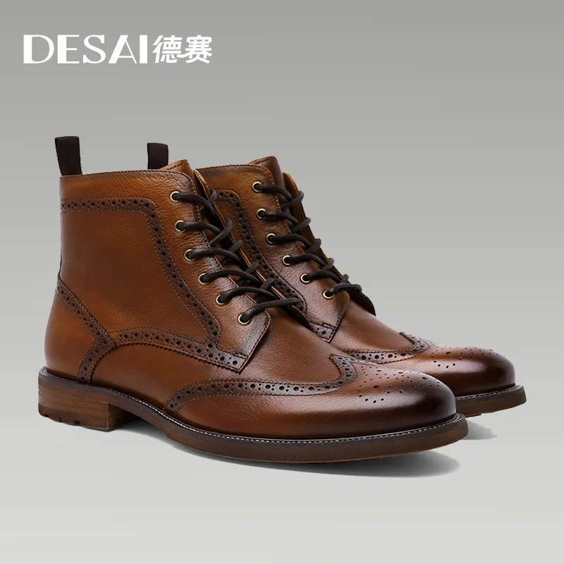 Desai Men's New Brogue Genuine Leather Boots Fleece-lined Shoes Fashion Boots,Warm,Large Size, Casual, Lace-up, Zipper,Gifts