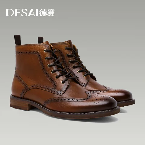Desai 남성용 뉴 브로그 정품 가죽 부츠 양털 안감 신발 패션 부츠, 따뜻한, 대형, 캐주얼, 레이스 업, 지퍼, 선물