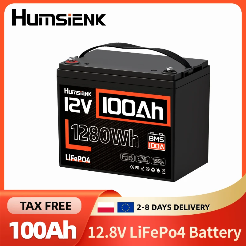 Batterie au lithium LiFePO4 Humsienk 12V 100Ah, groupe 24 à décharge profonde avec BMS intelligent 100A et coupure en cas de basse température, 15000 cycles, durée de vie de 10 ans, remplacement léger pour camping-car, solaire, marine, alimentation de secours domestique, hors réseau