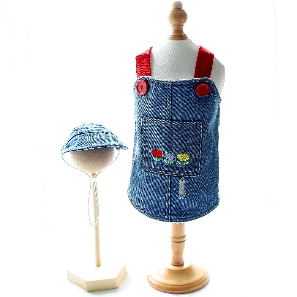 

Cute Denim Dog Dress with Embroidered Flowers and Hat Fashionable Pet Outfit Summer Walks Outdoor Adventures